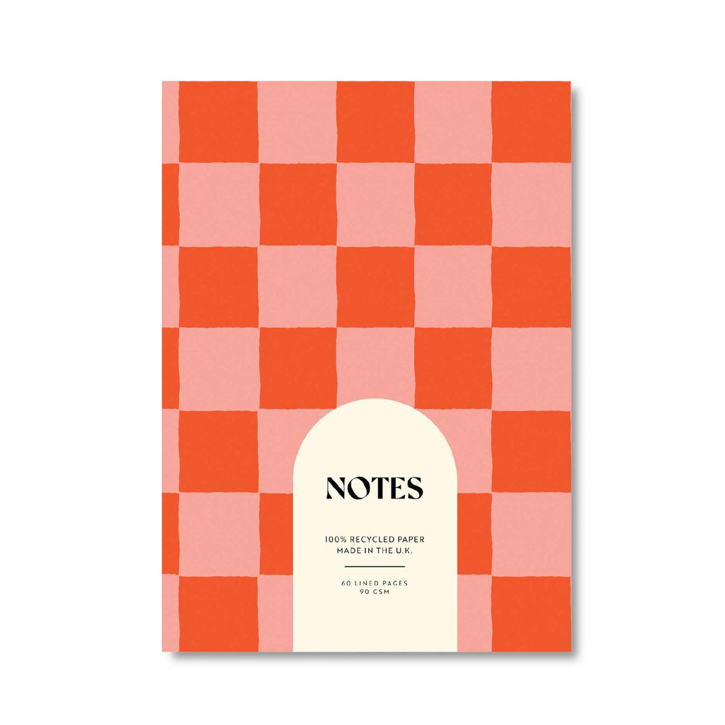 A5 checkered cherry red and pink notebook, featuring 60 lined pages with a little palm tree detail at the bottom of every page.