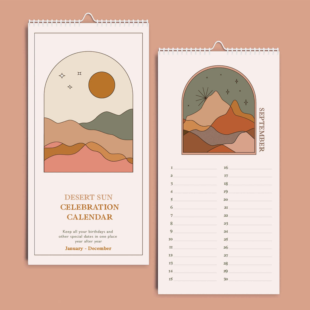 An undated calendar Printed on sturdy, recycled paper featuring 12 landscape illustrations with a boho vibe.