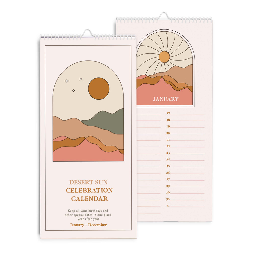 An undated calendar Printed on sturdy, recycled paper featuring 12 landscape illustrations with a boho vibe.