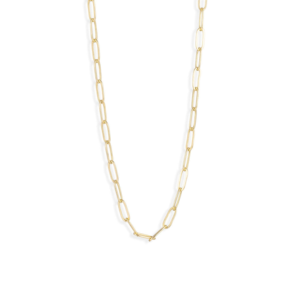 Our modern paperclip chain adds edge to a necklace stack. Handcrafted with 14k gold fill for a lasting gold finish. An adjustable layering necklace to wear between 15 and 17 inches.