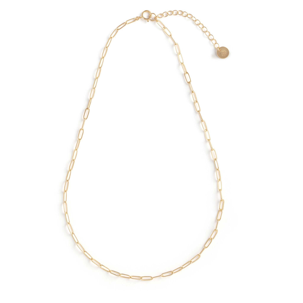 Our modern paperclip chain adds edge to a necklace stack. Handcrafted with 14k gold fill for a lasting gold finish. An adjustable layering necklace to wear between 15 and 17 inches.