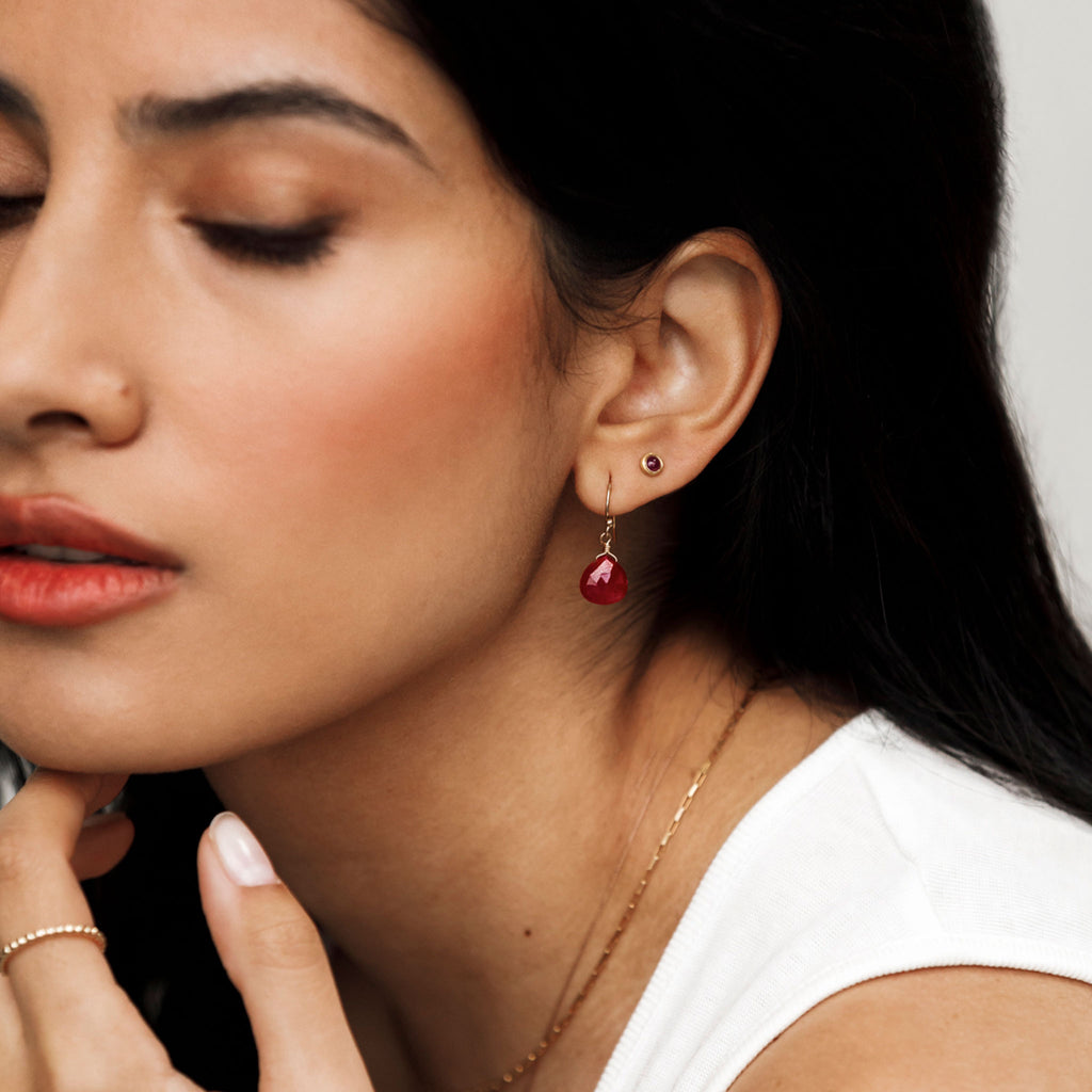 Wanderlust Life Isla drop earring. Ruby Isla drop earring featuring semi precious ruby gemstones and stud earring. Proudly designed in Devon & handcrafted by our Wanderlust Life jewellery makers in the UK