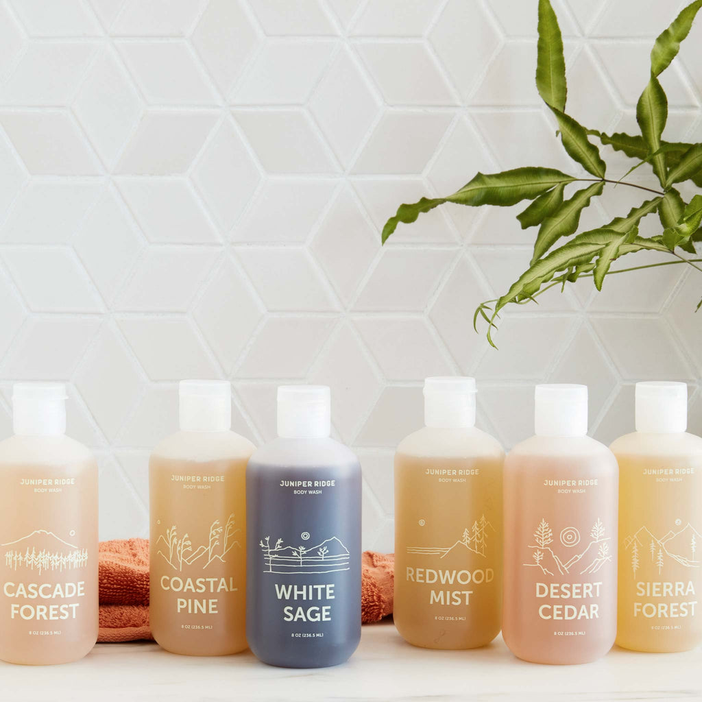 An assortment of Juniper Ridge's scented body washes in 8oz size.