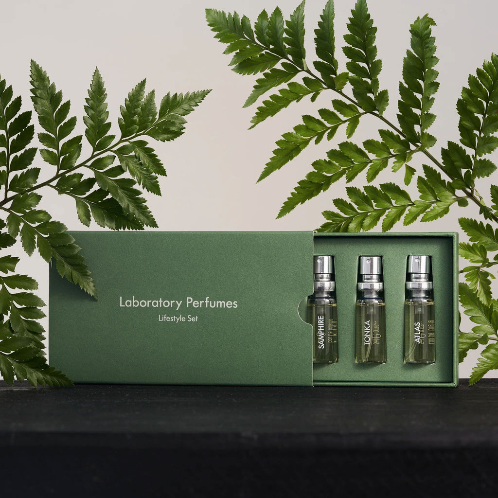 Now available from our Life Store at Wanderlust Life, Laboratory Fragrance's lifestyle set. 5 travel size vials of laboratory perfumes in the scents Amber, Gorse, Samphire, Tonka, and Atlas.