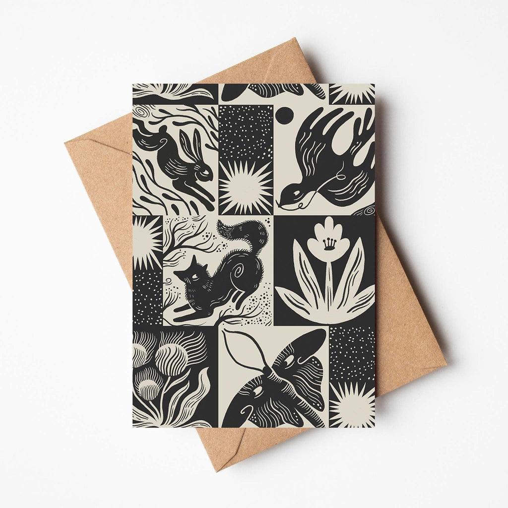 A minimal and contemporary greetings card featuring countryside inspired illustrations in a monochrome colourway.