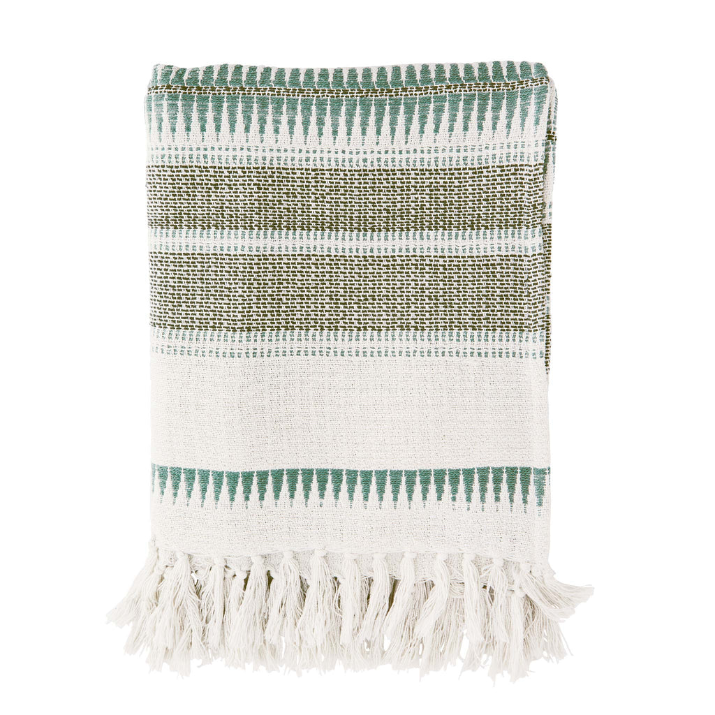 Made with recycled cotton, this throw features a graphic pattern with contrasting moss and sage green with off white.