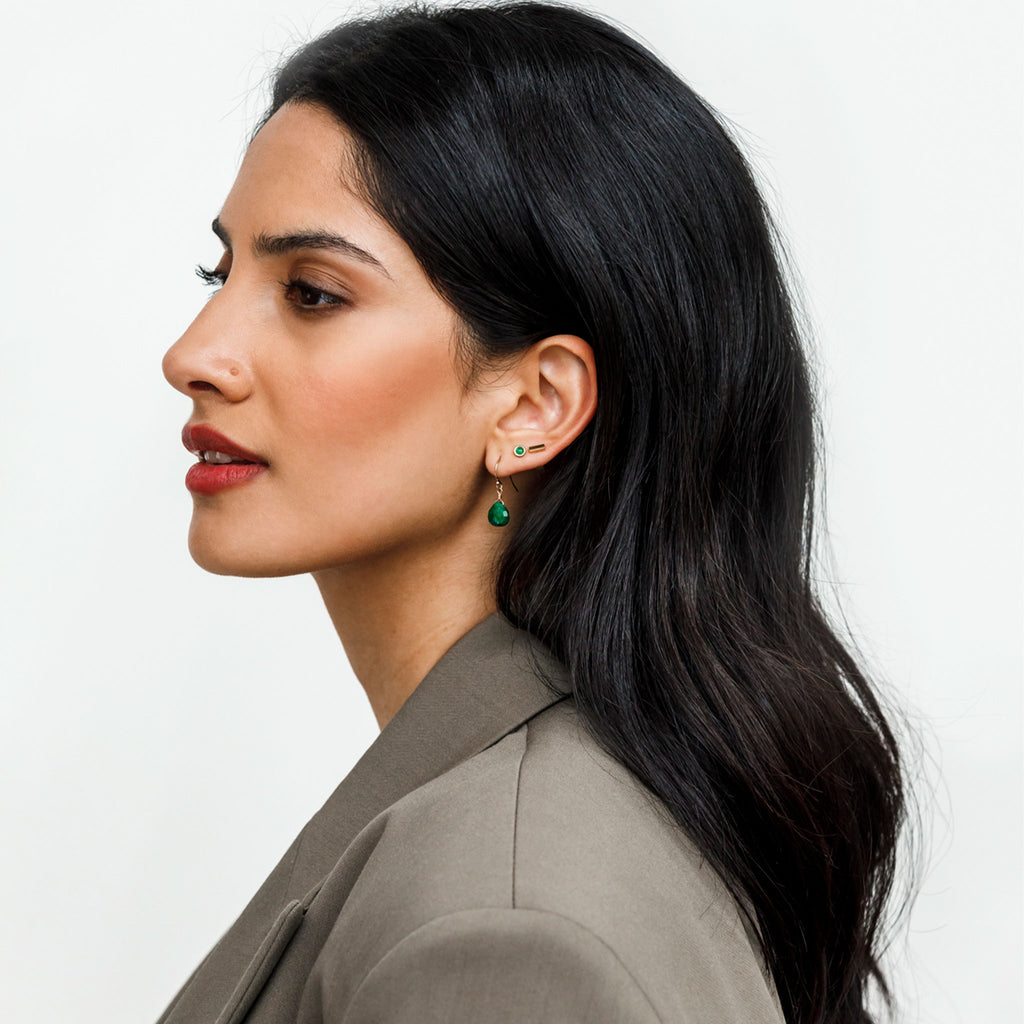 Wanderlust Life emerald gemstone Isla drop earrings and stud earrings. Handmade jewellery in the UK.