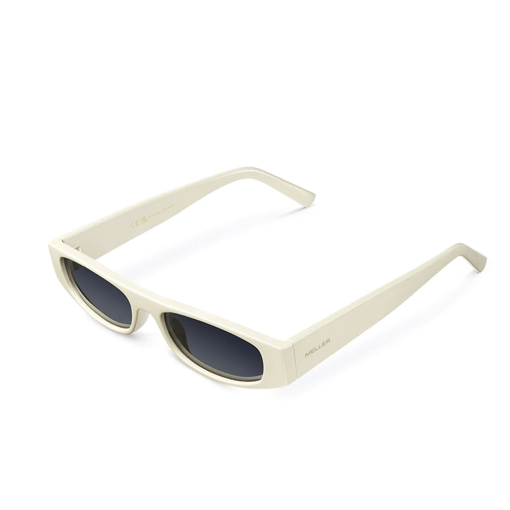 Meller Ife Off White Carbon Sunglasses. Rectangular white frames with black lenses. A thin, urban design and a must-have for festivals. Designed by Meller and sustainably manufactured as part of their bio-based range. UV400 protection and polarised lenses with anti-scratching coating. Explore the Meller range at Wanderlust Life, proudly stocked among our Life Store brands in the UK.