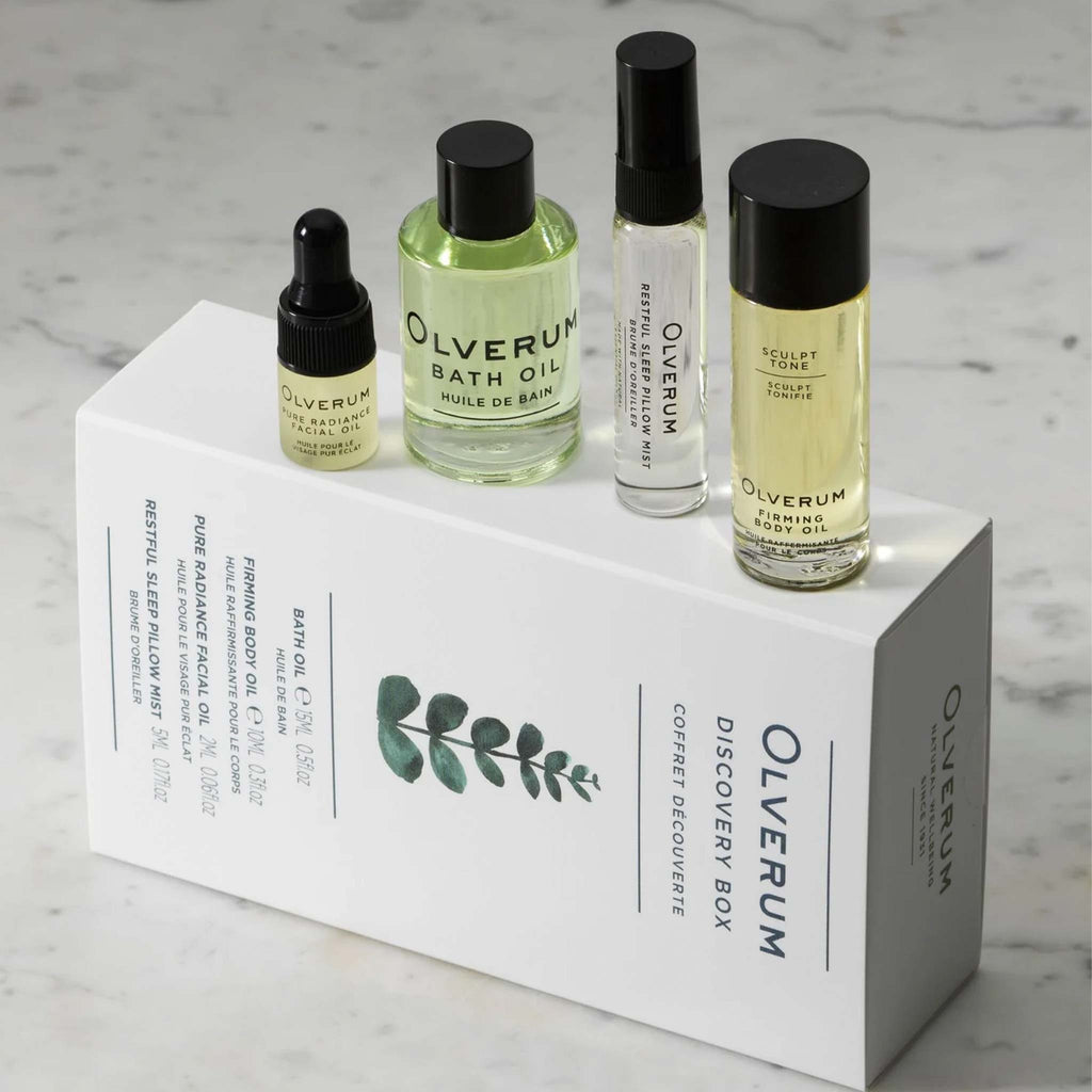 Olverum skincare discovery set includes a miniature bath oil, restful sleep pillow mist, firming body oil and facial oil. Discover luxury skincare online at Wanderlust Life.