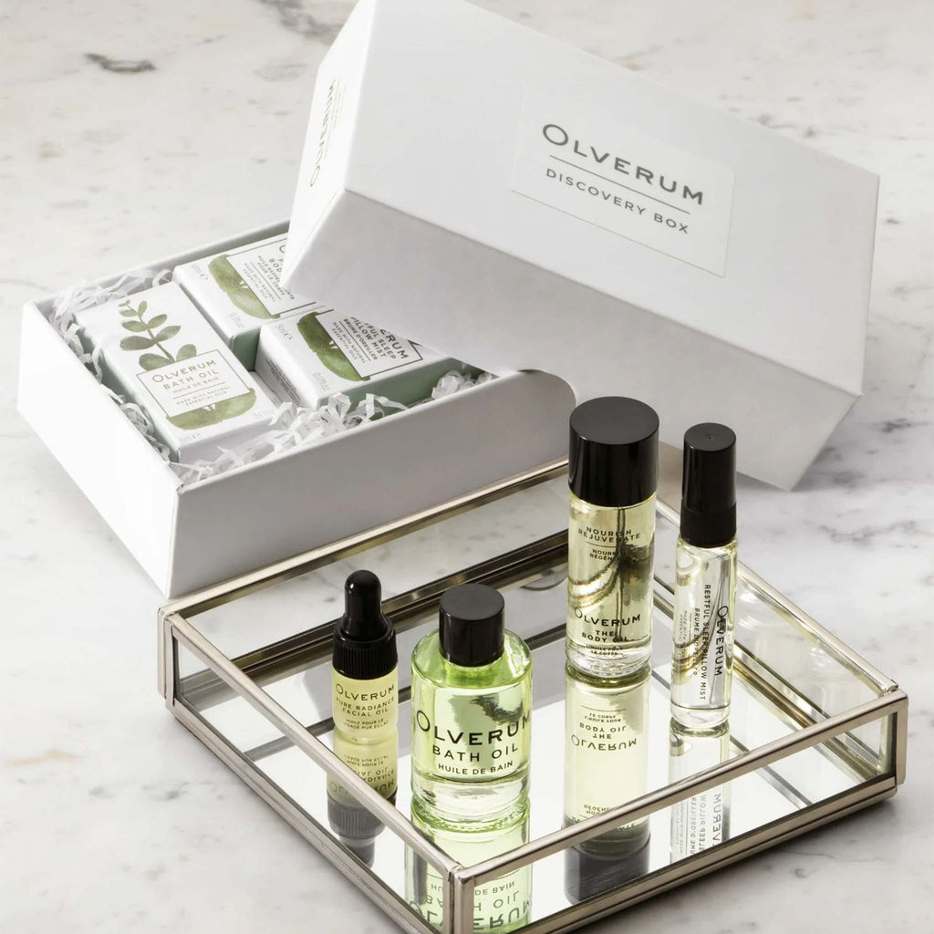 Olverum skincare discovery set includes a miniature bath oil, restful sleep pillow mist, firming body oil and facial oil. Discover luxury skincare online at Wanderlust Life.