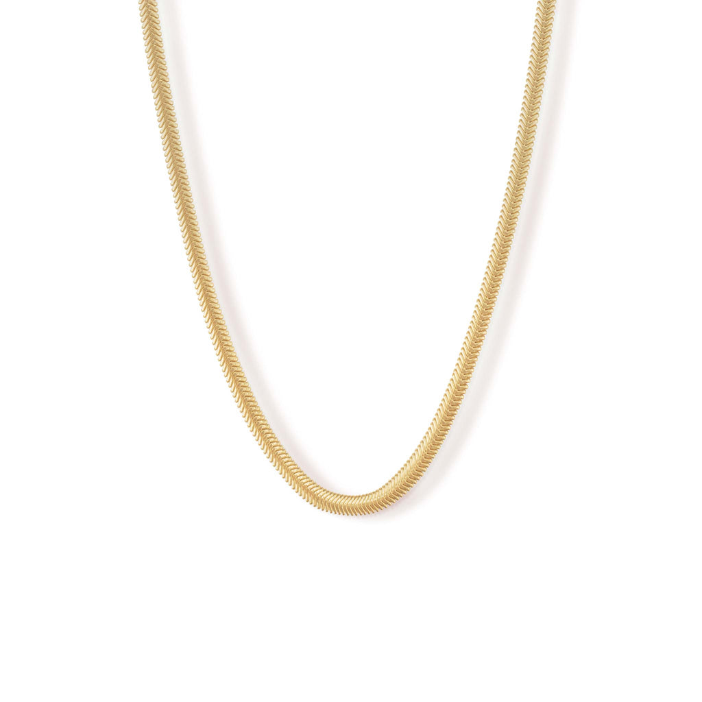 The Paseo Herringbone Chain Necklace. An iconic and signature herringbone snake chain, with its wide format, this is a staple statement necklace. In a fixed length the Paseo can be worn solo or layered with other necklaces for a unique and personalised look.