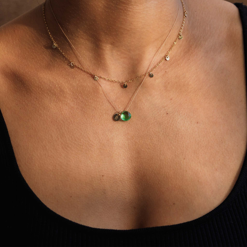 The Seafoam Green Quartz Fine Cord Necklace, personalised with a B initial charm. Styled with our bestselling Telltale choke length necklace.