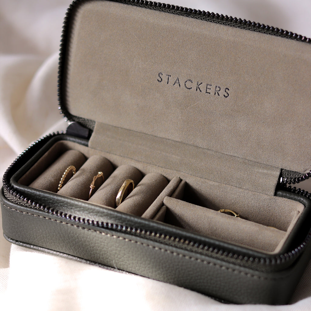 Travel Jewellery Box by Stackers in olive green faux leather, with a da