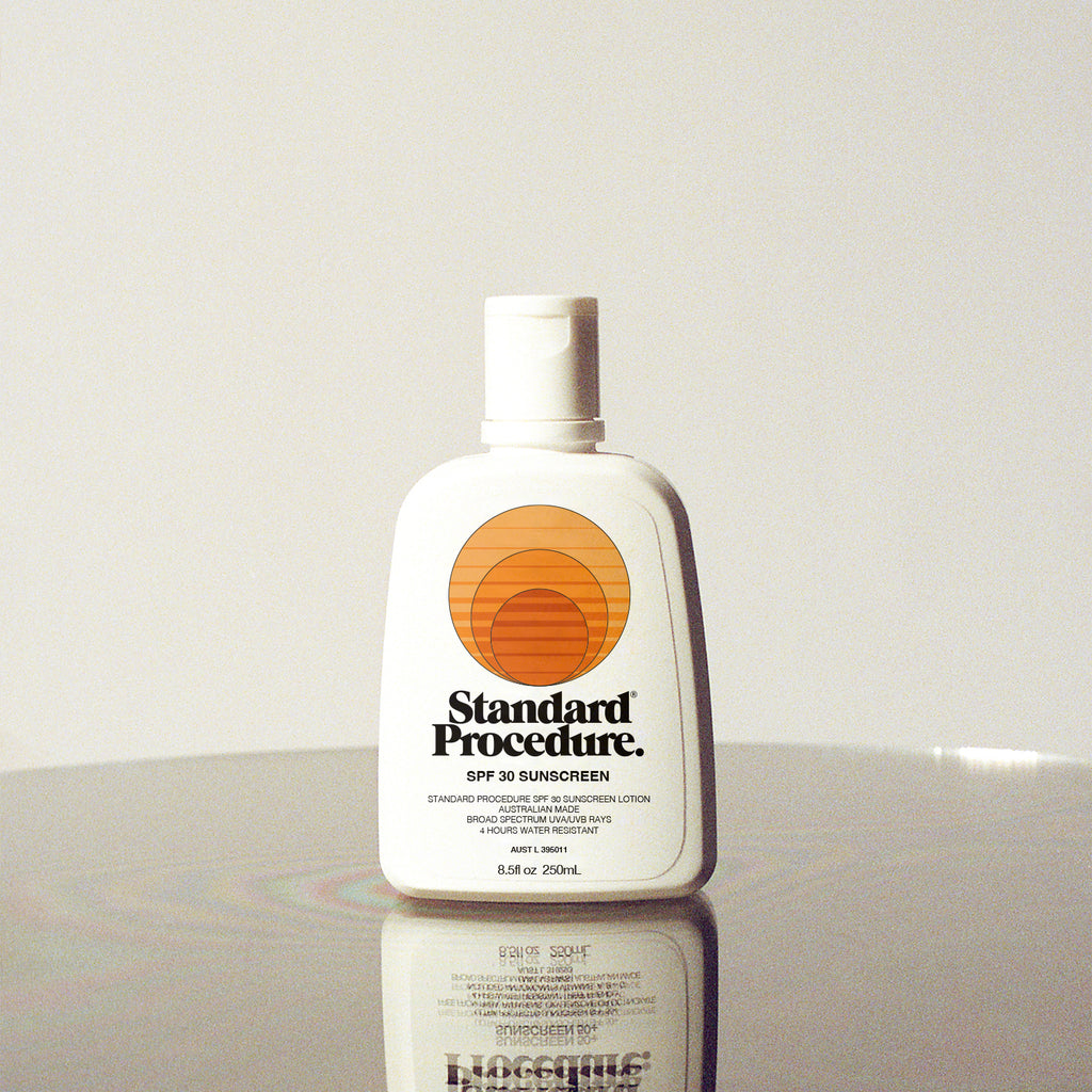 Standard Procedure's SPF 30 sunscreen in the 250ml size, flip top bottle. Application required throughout the day to provide protection to the skin from UVA and UVB.