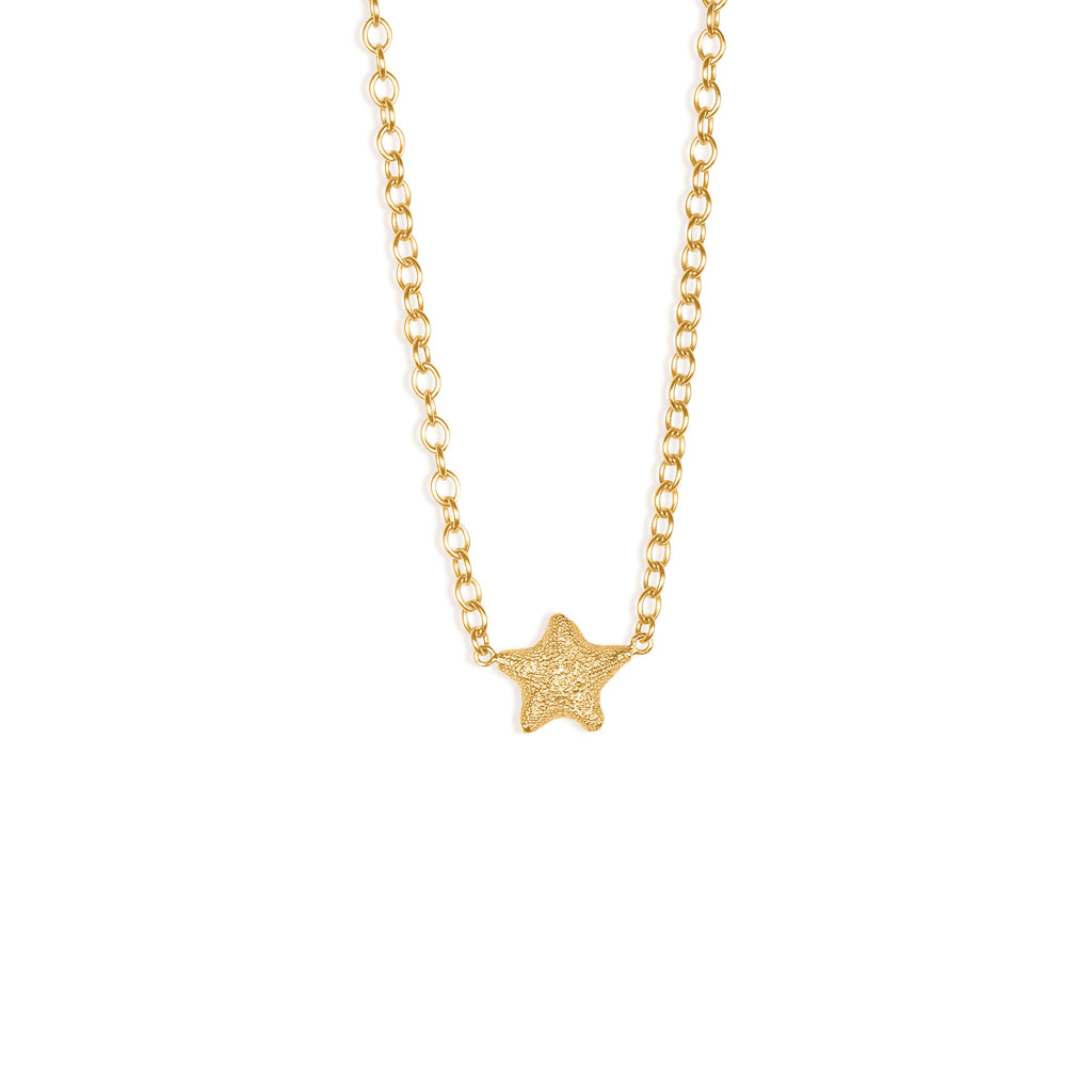Wanderlust Life Star Wish Choker Necklace. A textured gold star fish sits symmetrically in the centre of a gold statement chain. Short in length, this piece is perfect for layering into your necklace stack, or wearing solo as a statement piece this summer. Shop the new Sea Dreams collection online at Wanderlust Life. 