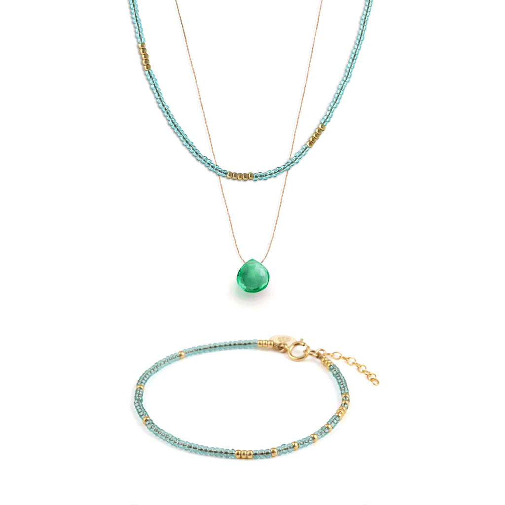 Seafoam Green fine cord necklace forms a base for our stack and save set, with beaded bracelet and necklace