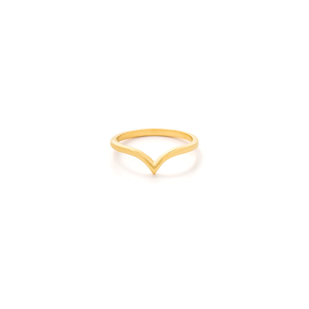 Wishbone Gold Ring. A 14 carat gold plated silver ring with smooth curves ending in a striking point. Proudly designed in Devon & handcrafted by our Wanderlust Life global artisan partners.