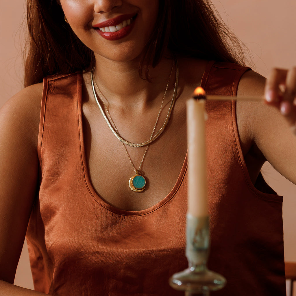 Paseo Snake chain necklace layered with the Amazonite Porthole necklace with the Portmoon pendant.