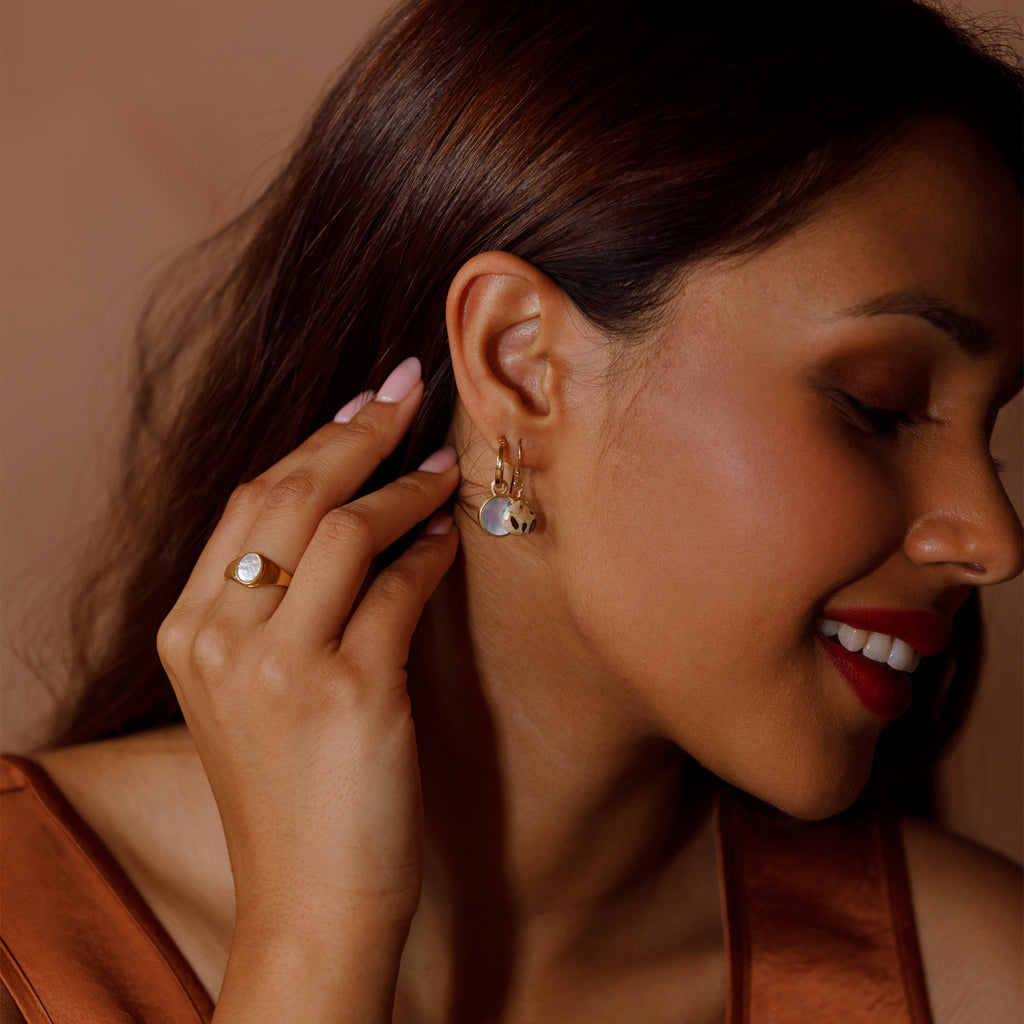 Mother of Pearl Portilla earrings styled with the best selling leopard jasper isla drop earrings.