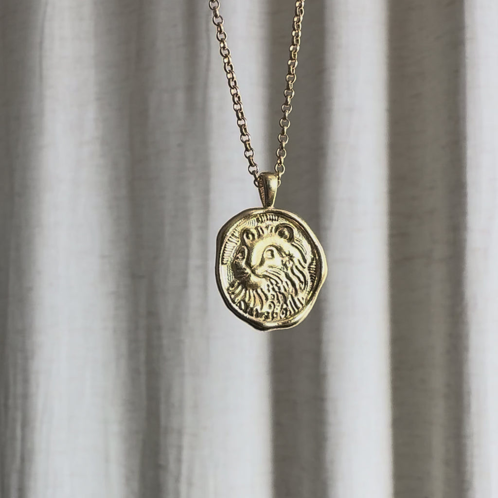 Video of Leo Zodiac Pendant Necklace moving in the sun against a natural fabric background.