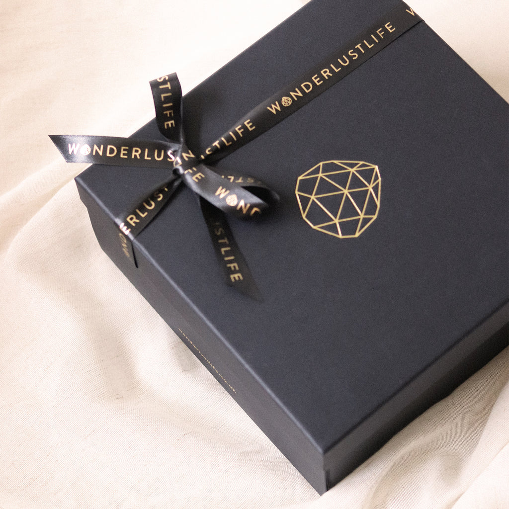Wanderlust Life black branded luxury gift box. Complete your jewellery gift with our branded gift box , the perfect size for candles, notebooks, fragrances and your favourite 14k gold fill jewellery. 