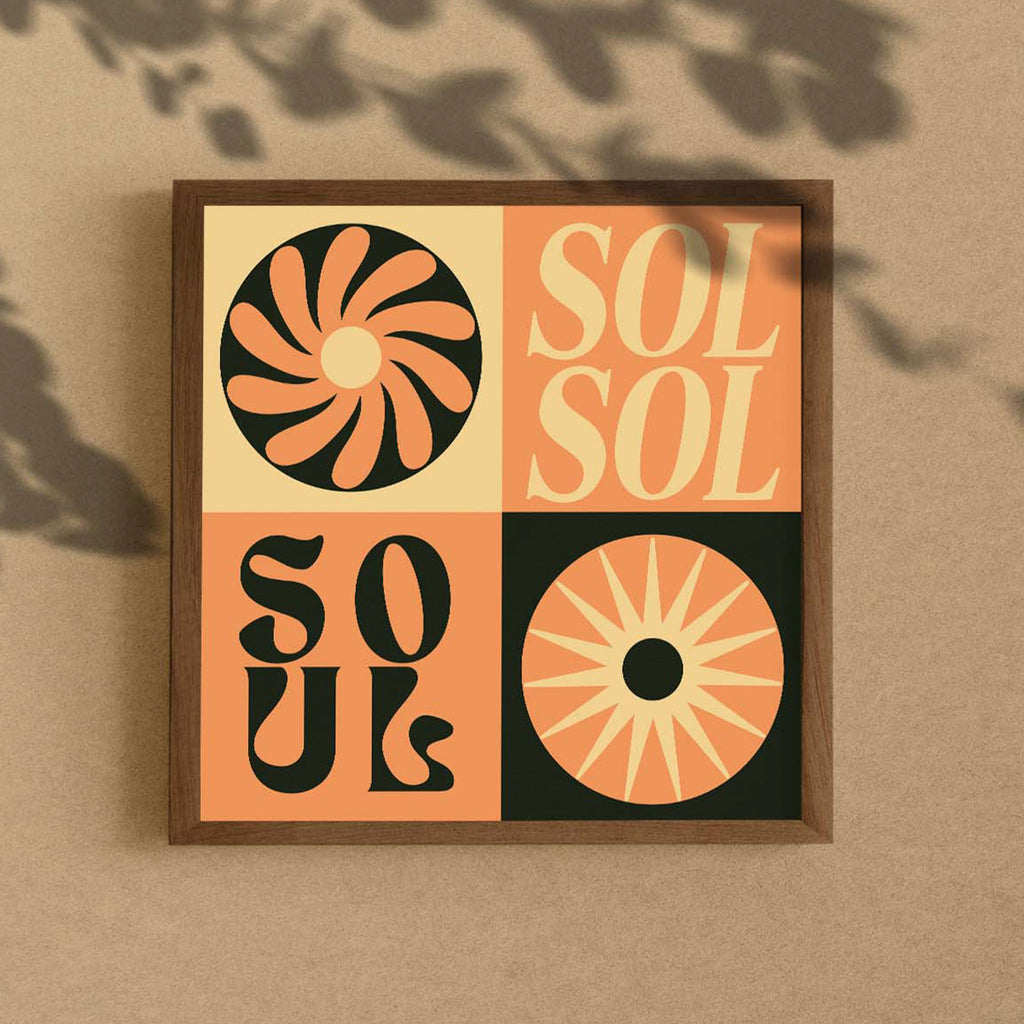 Clara Jonas Sol and Soul Print. Bold, contrasting and bright wall art with graphic text. Rays of sunlight contrast with orange in this sun, soul, myth and mystic inspired artwork. Designed by Cornwall based artist, Clara Jonas. Available online at Wanderlust Life and in our Devon UK shop & studio.