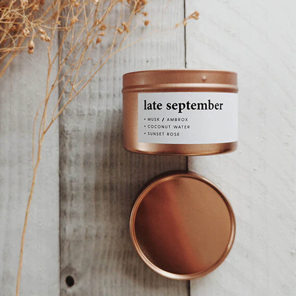 Wanderlust Life introduce the environmentally conscious, sustainable candle company, Keynvor to their life store brands. A travel size tin candle in the scent Late September with notes of ambrox, coconut water, and rose.