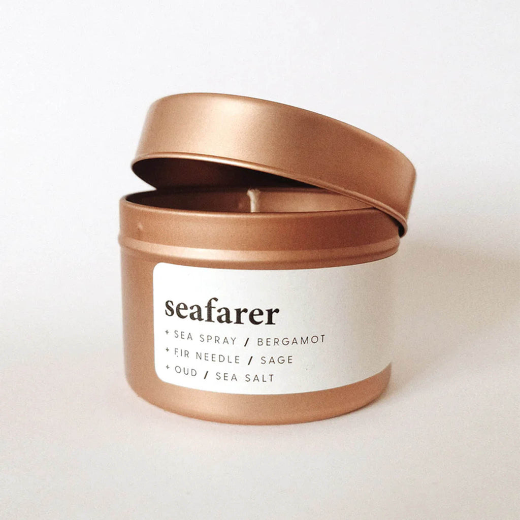 Wanderlust Life introduce the environmentally conscious, sustainable candle company, Keynvor to their life store brands. A travel tin candle in the scent Seafarer with notes of sea salt, fir needle, and oud.
