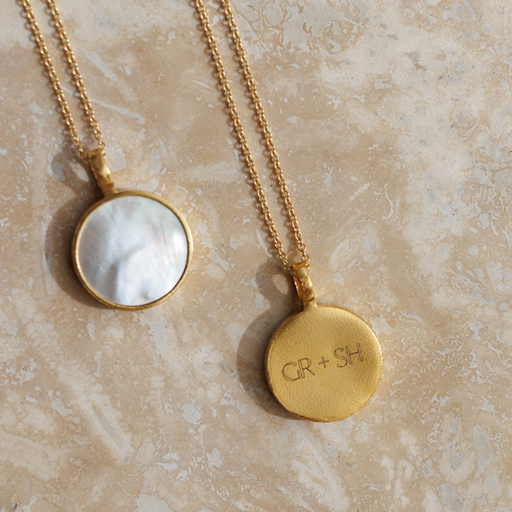 Engraved Wanderlust Life mother of pearl 19" gold necklace with solid back and porthole design. Proudly designed in Devon & handcrafted by our Wanderlust Life global artisan partners.