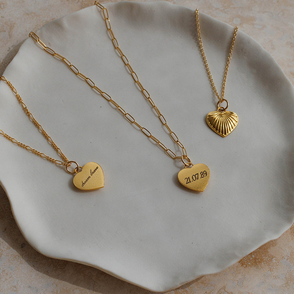 Engraved Valentino Heart Necklace, three chain options. A vintage-inspired heart-shaped, rippled pendant on selected chain. Proudly designed in Devon & handcrafted by our Wanderlust Life global artisan partners.
