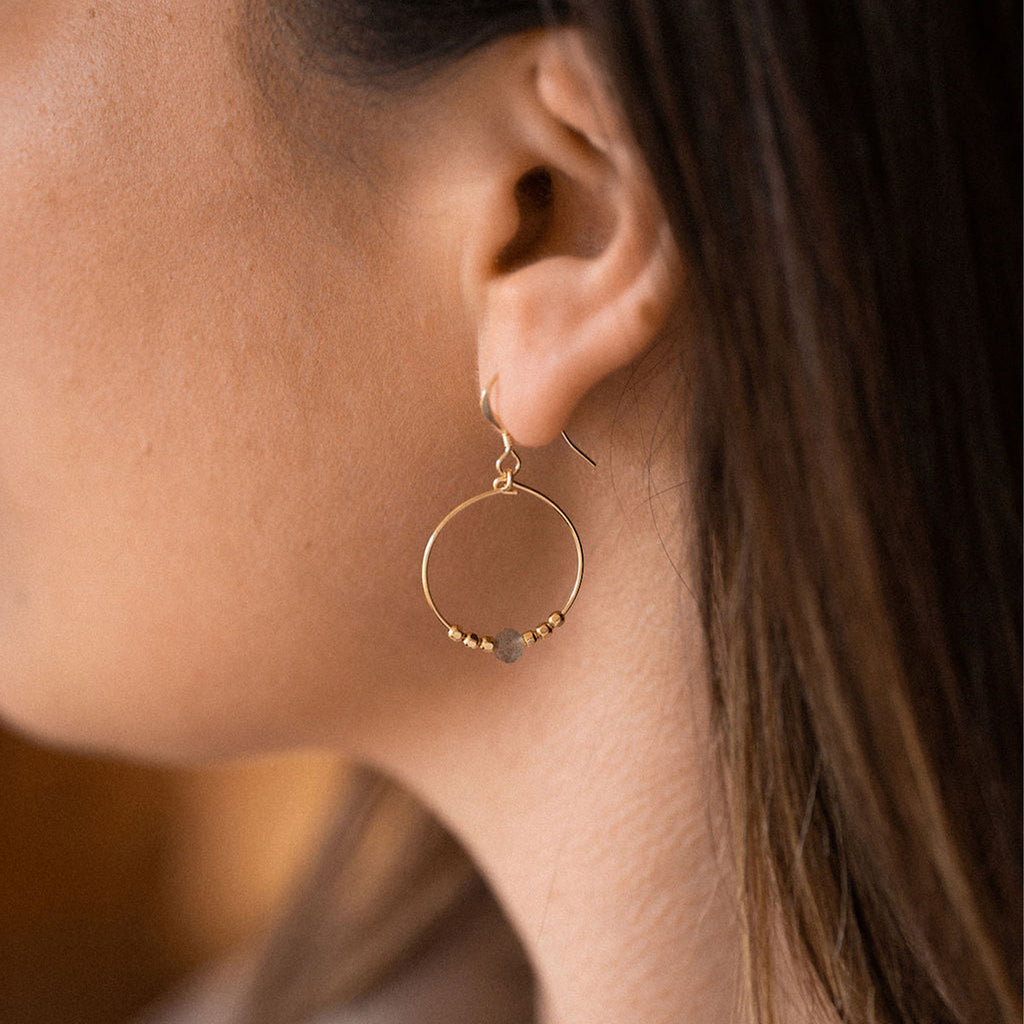 Cairo hoop earring, a 14k gold fill hoop earring with a row of faceted gold and iridescent labradorite beads. Proudly designed in Devon & handcrafted by our Wanderlust Life jewellery makers in the UK.